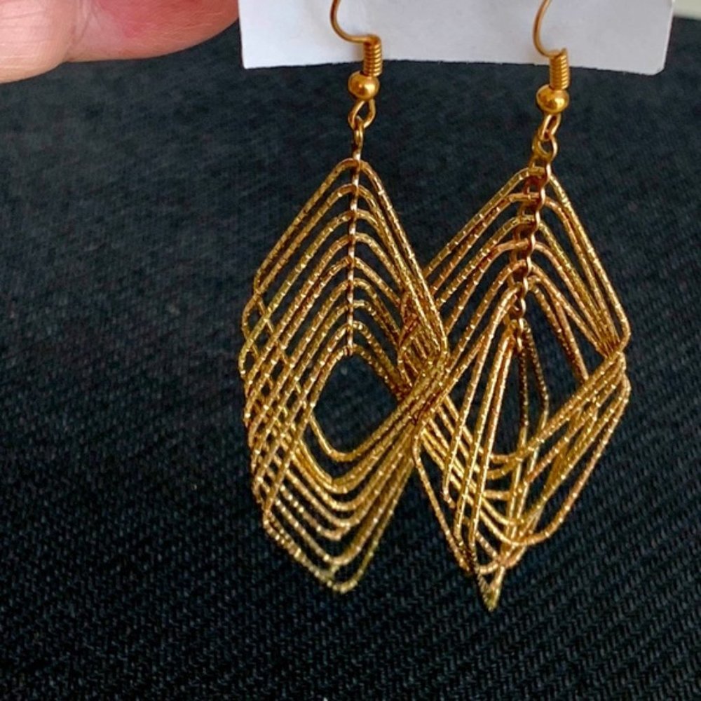 Gold Tone Interlocking Rhombus Design Dangle Earr… - image 1